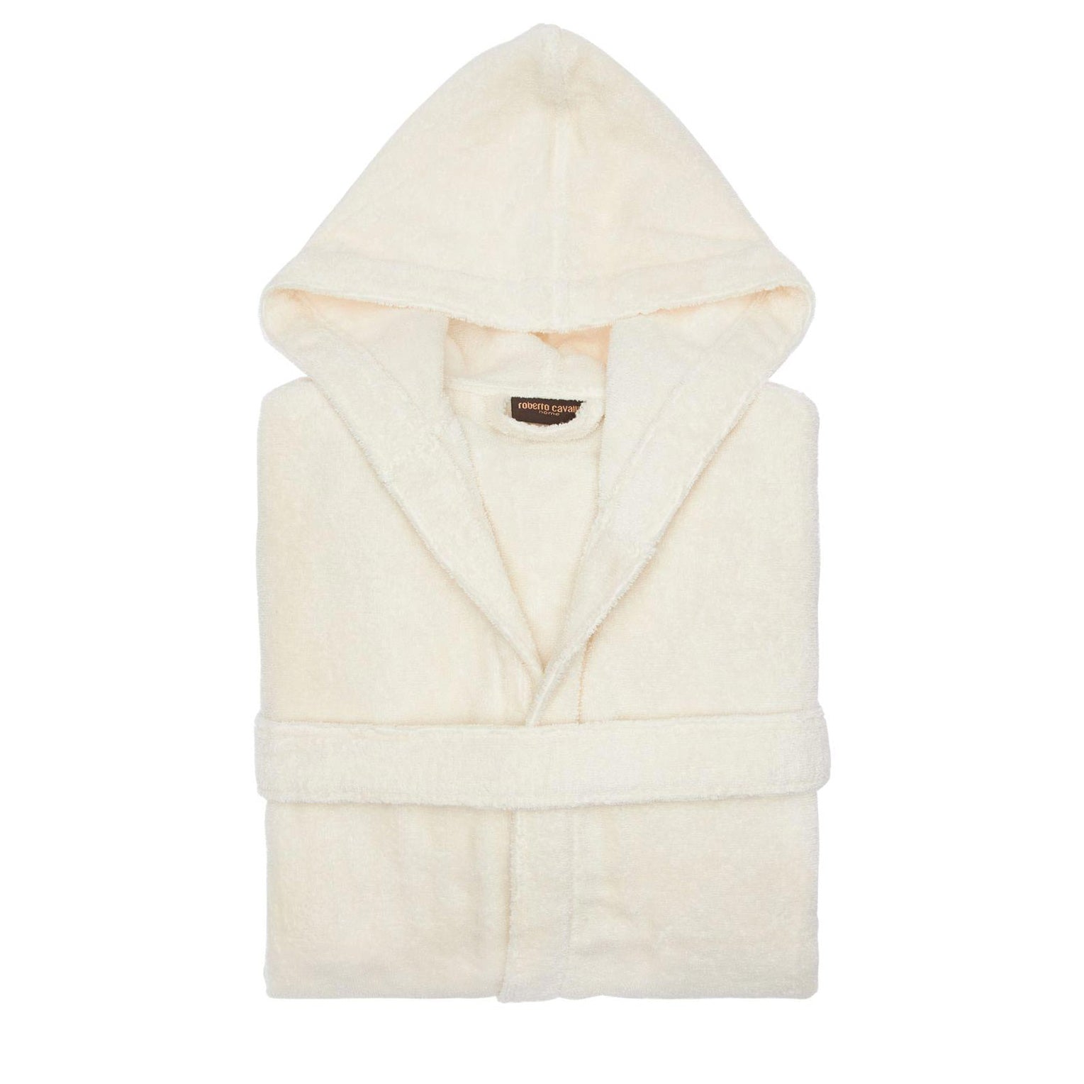 Accappatoio Roberto Cavalli Gold New taglia XXL, colore ivory, in spugna di cotone con cappuccio, morbido e di lusso, prodotto Made in Italy.