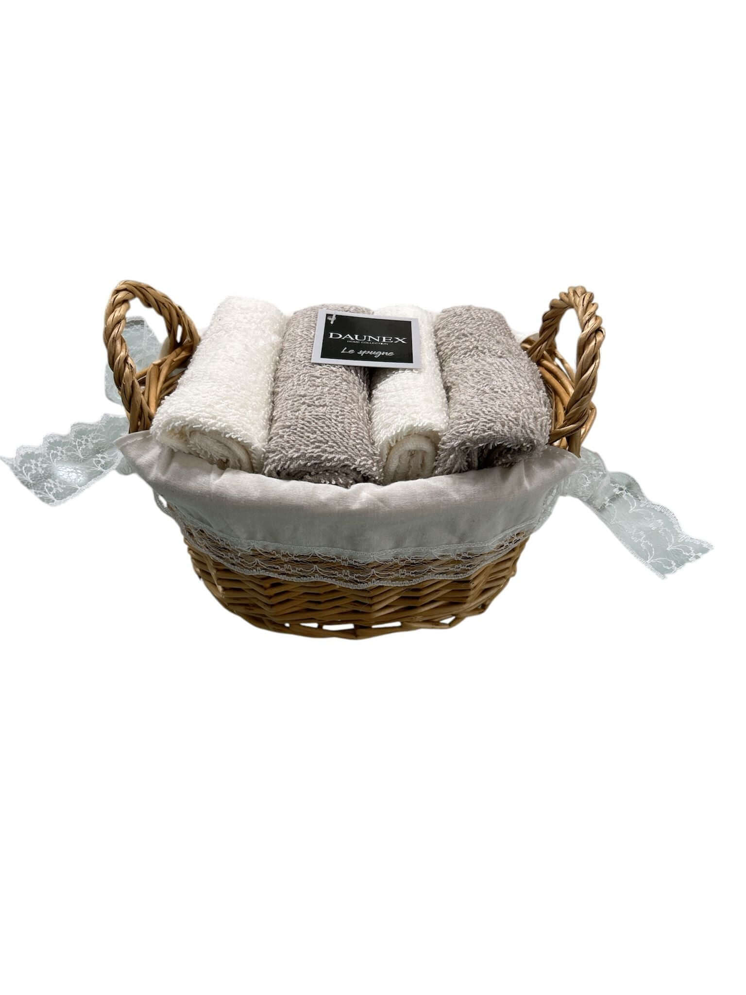 Set lavette Daunex Cottage 30x30 in spugna di cotone con cestino stile country chic, accessorio bagno elegante.