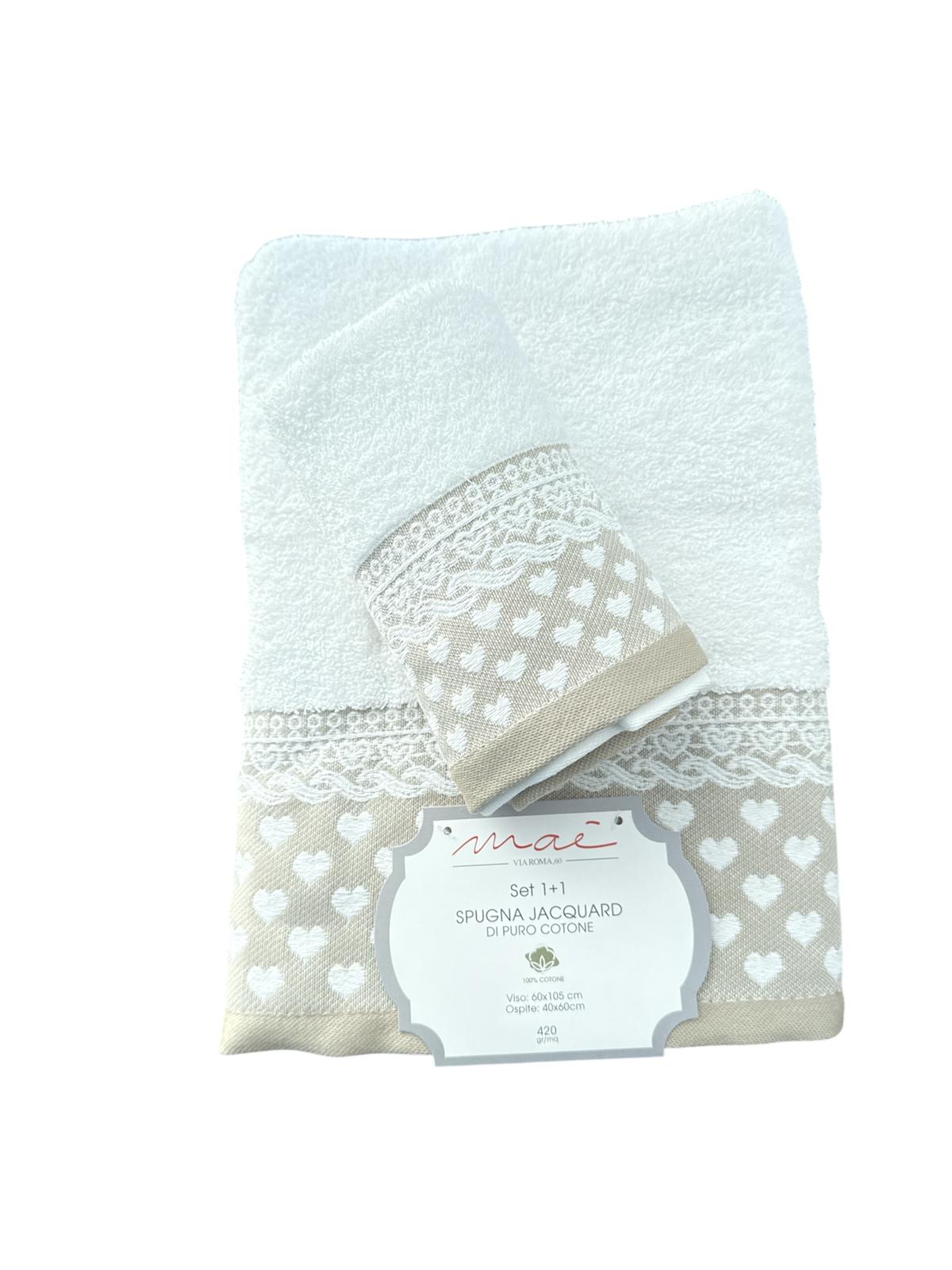 Set Asciugamani 1+1 Via Roma 60 Romantica Cuori – Spugna di Cotone Jacquard 420 gr/m²