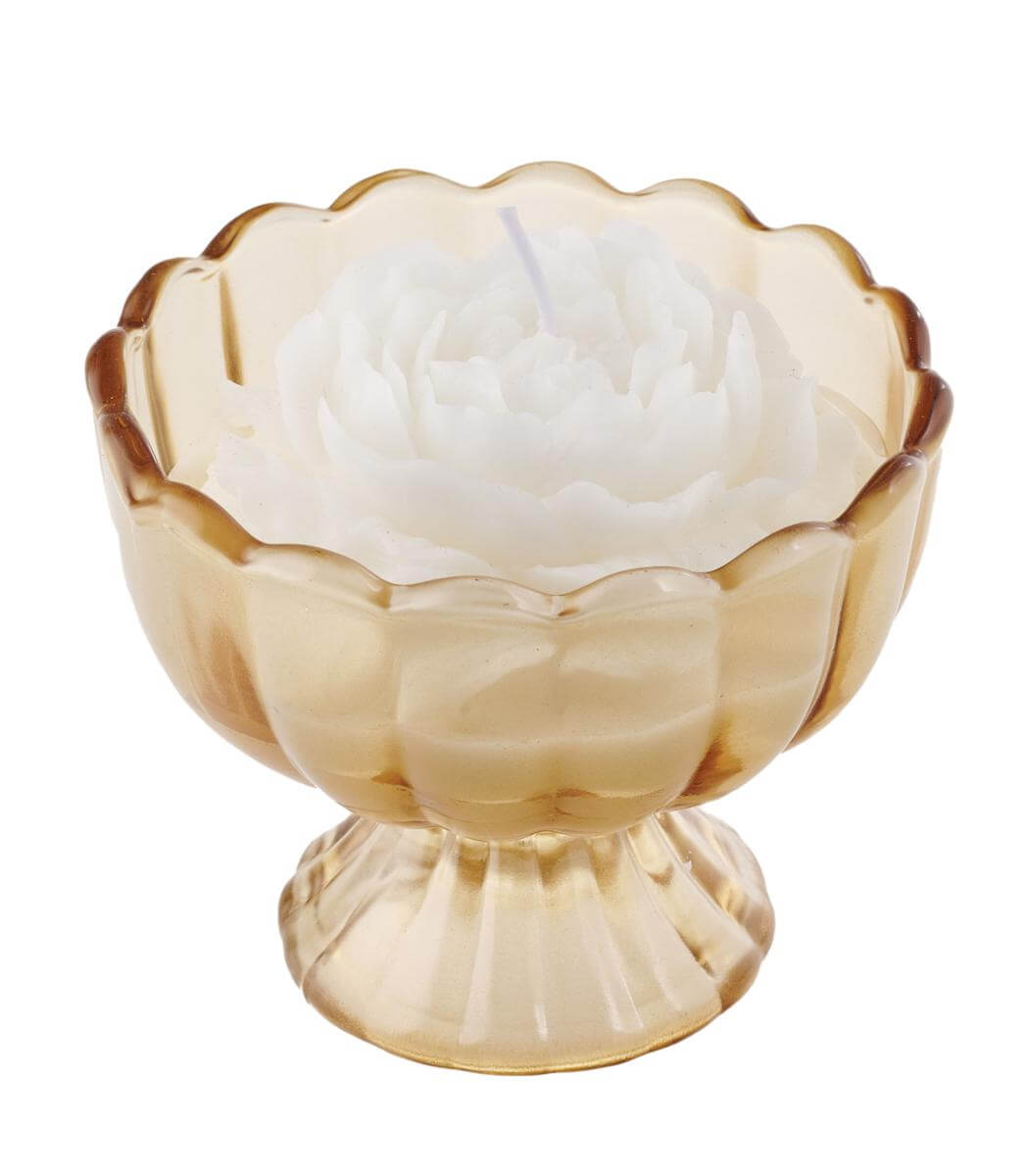 Candela in vetro ambra con alzatina FS2/S Special Gifts, altezza 7 cm, diametro 9 cm, bomboniera elegante con scatola regalo inclusa.