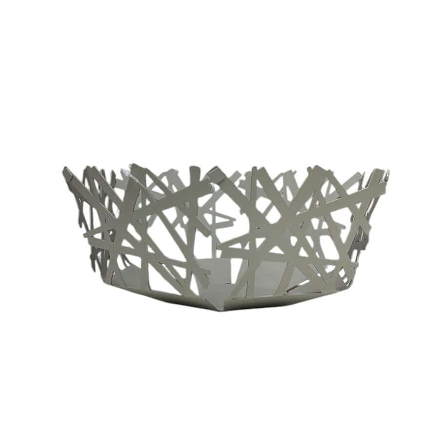 Cesto centrotavola Tokyo Ceart in metallo taglio laser, diametro 30 cm, altezza 13 cm, design moderno artigianale Made in Italy, perfetto come porta frutta decorativo.