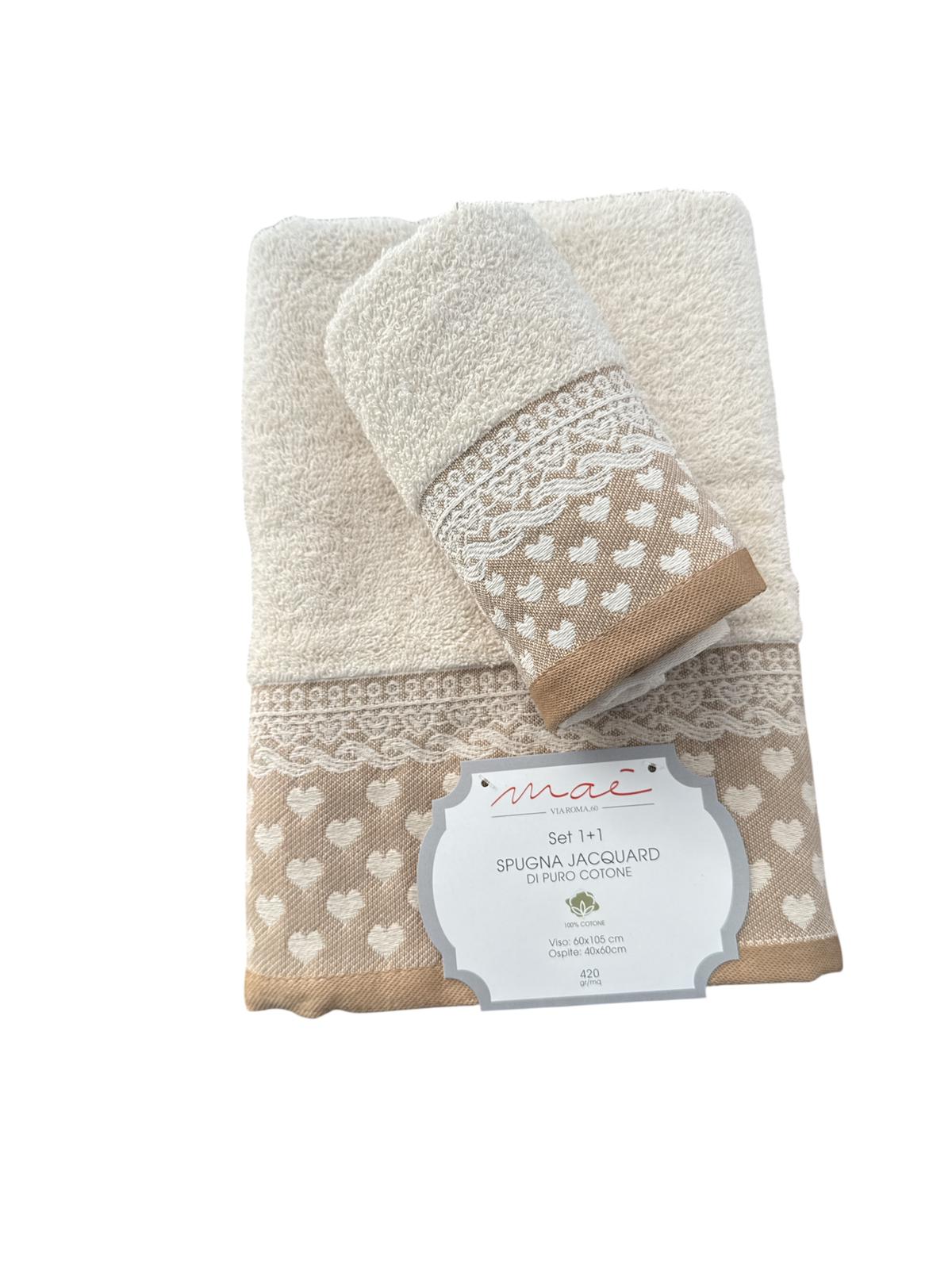 Set Asciugamani 1+1 Via Roma 60 Romantica Cuori – Spugna di Cotone Jacquard 420 gr/m²