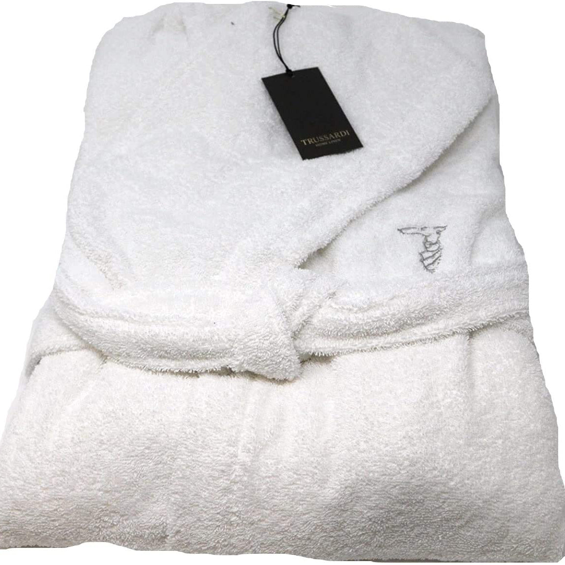 Accappatoio Ribbon Trussardi taglia XXL bianco, in spugna di cotone, con cappuccio, tasche e cintura, design elegante e sobrio, Made in Italy.