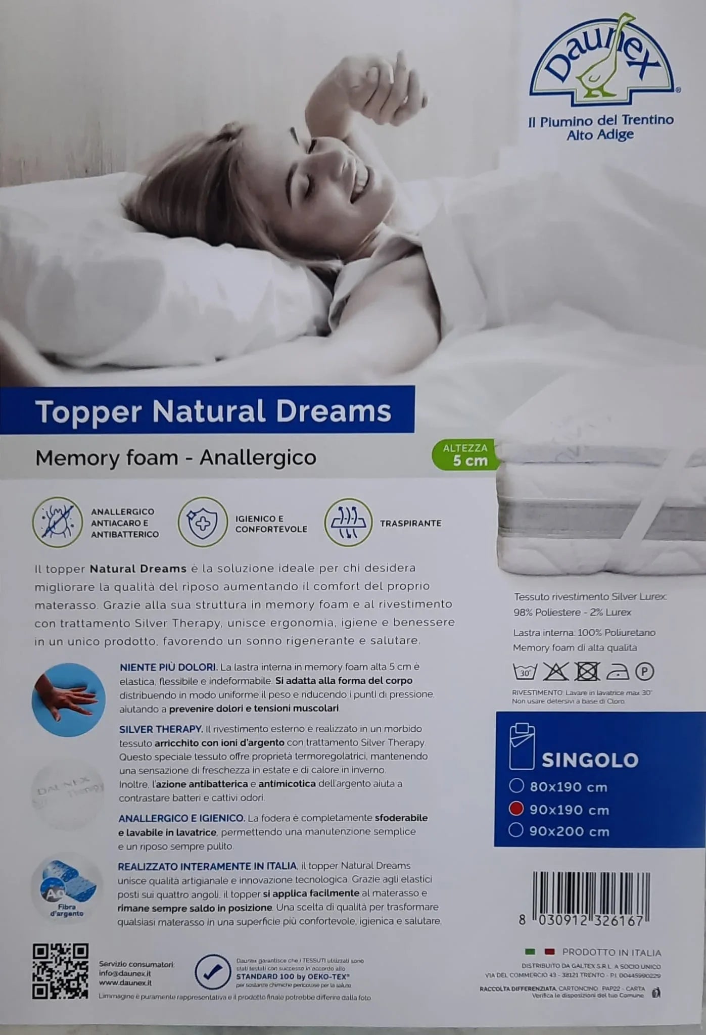 Topper Materasso Daunex Natural Dreams 90x190 cm - The King Luxury