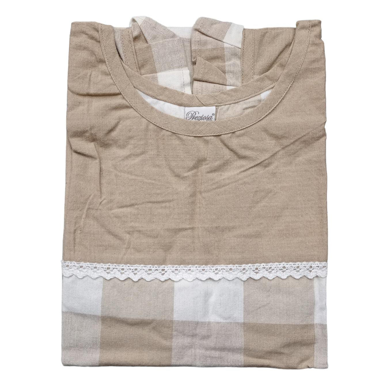 Casacca Queen Preziosa in cotone 100%, lavorata a mano, con stampa e frill tinta unita, dimensioni 60x80 cm, perfetta come copriabito elegante.