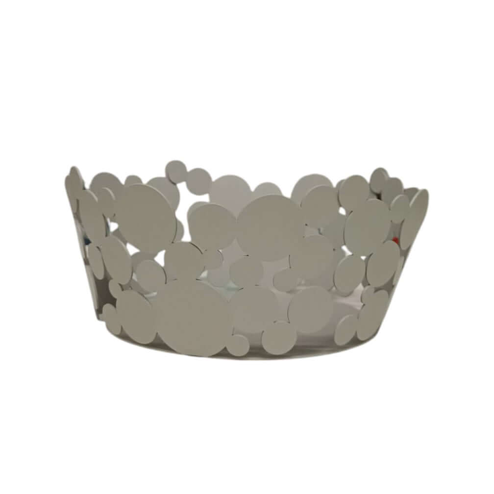 Cesto centrotavola Bolle Ceart in acciaio dolce taglio laser, decorazione a bolle, diametro 28 cm, altezza 11 cm, artigianato Made in Italy.