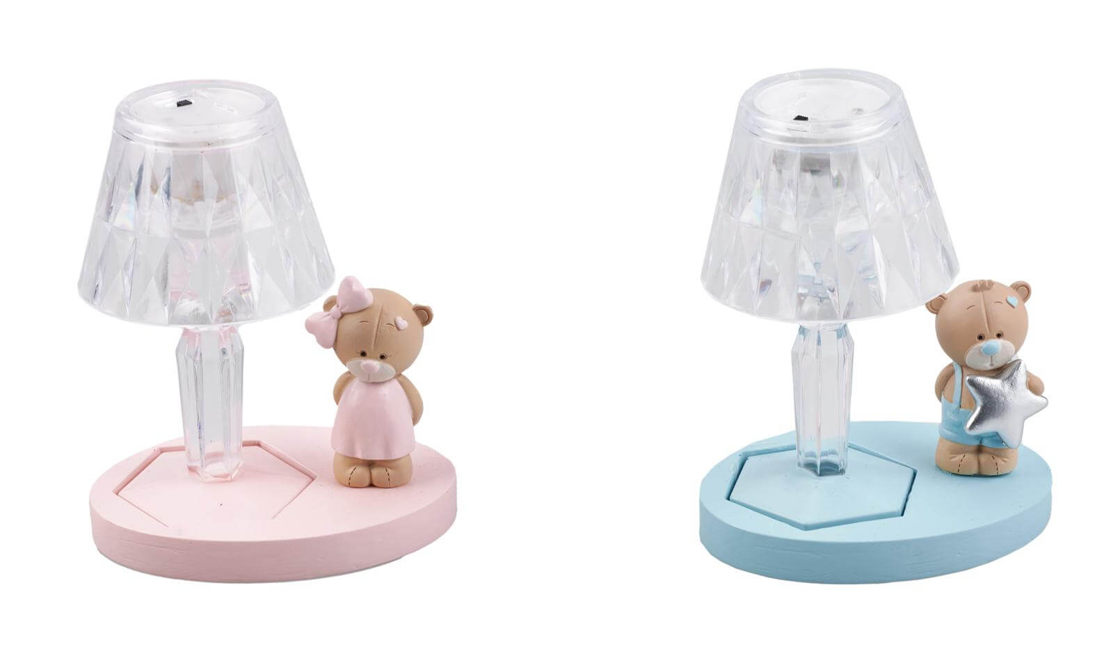 Lumetto LED Orsetto Boy da 12 cm in plexiglass e legno, bomboniera per battesimo maschietto con scatola e confezione personalizzata.