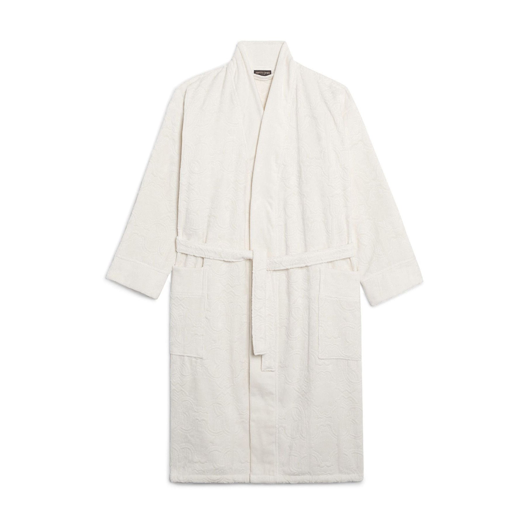 Accappatoio Roberto Cavalli Logo XXL bianco, in spugna di cotone, con cappuccio, cintura e tasche, minimal chic con logo, Made in Italy.