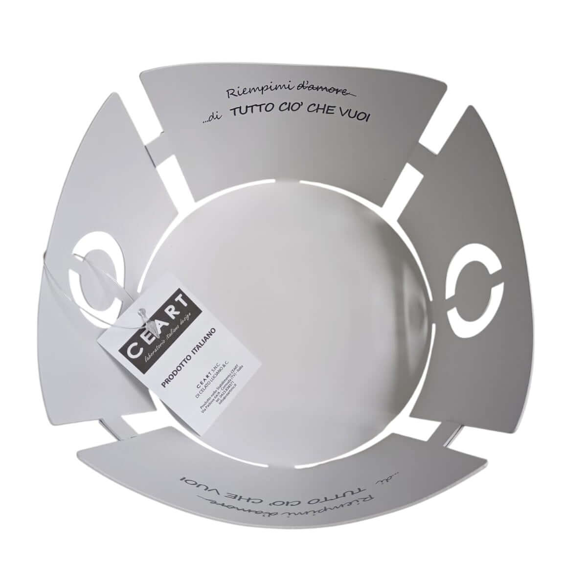 Cesto centrotavola Ceart D’Amore in metallo taglio laser, design artigianale italiano, diametro 20 cm, ideale come porta frutta o complemento d’arredo.