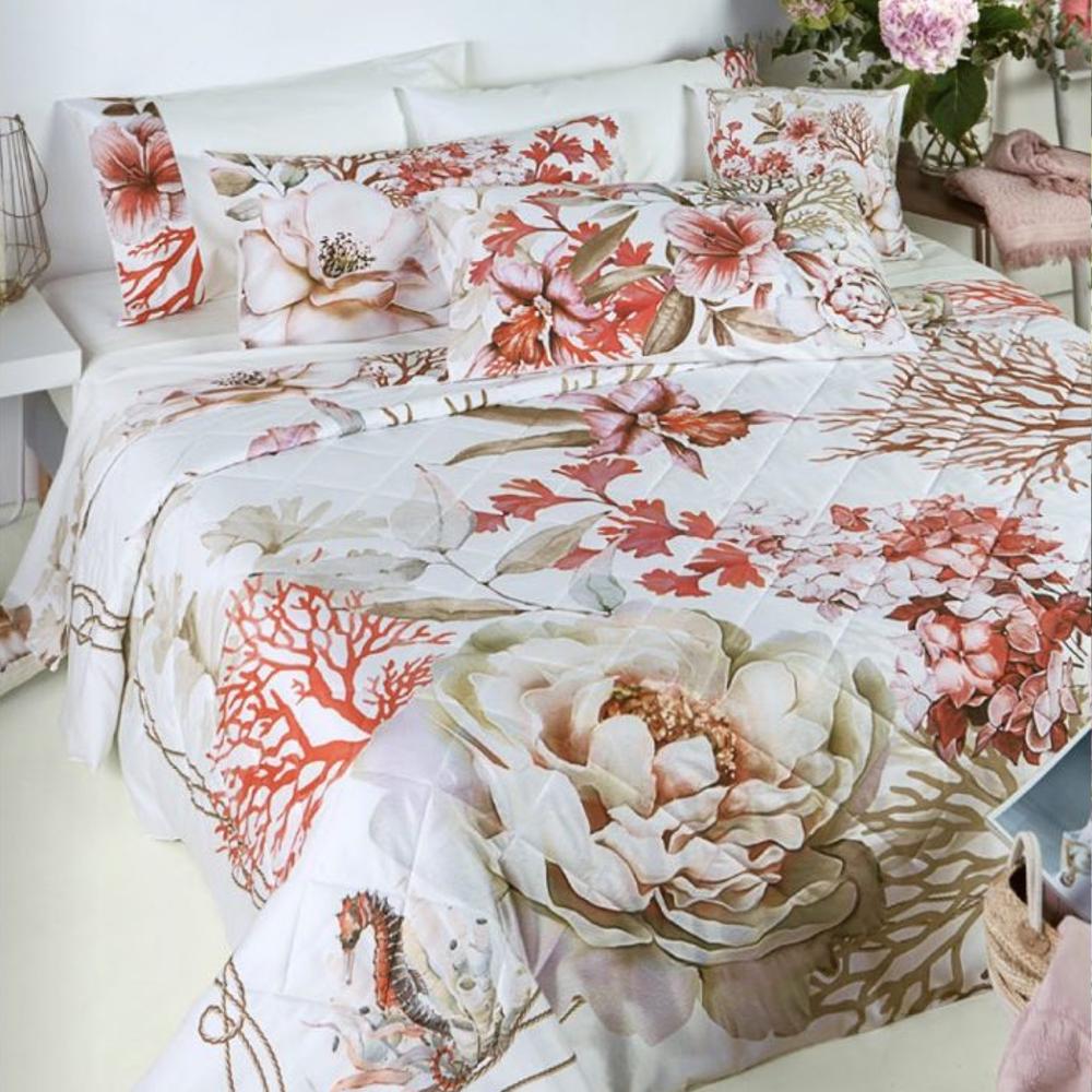 Completo lenzuola matrimoniale Tessitura Randi Bloom Acqua in raso 300TC, con stampa floreale digitale e bordo applicato, colore acqua