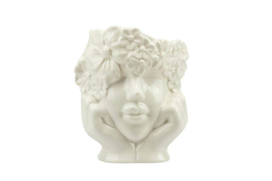 Bomboniera bimba in porcellana bianca con mani in viso e candela, elegante e confezionata, ideale per cerimonie