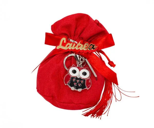 5 Pezzi Sacchetto Laurea con Portachiavi Gufetto – Bomboniera Cotone e Metallo - The King Luxury