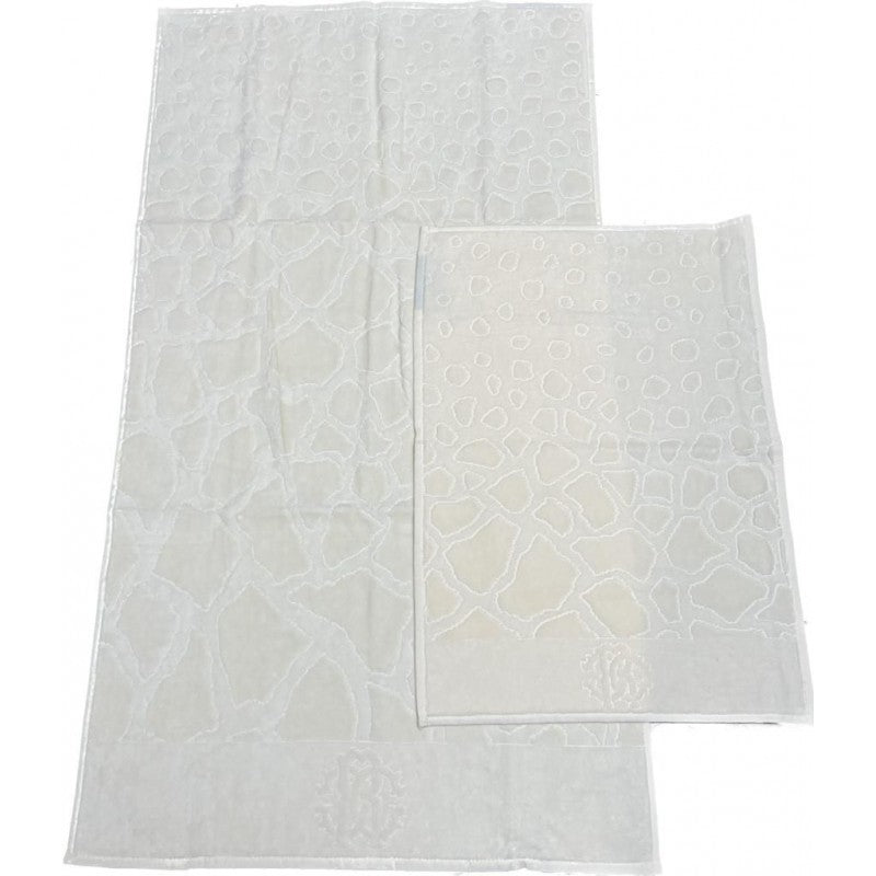 Coppia di asciugamani Roberto Cavalli Jerapah in spugna di cotone, colore 810 ivory, misure viso 60x108 cm e ospite 40x60 cm