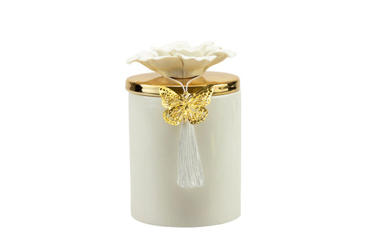 Scatola porcellana bianca grande con coperchio oro e fiore bianco con candela profumata Matrimonio