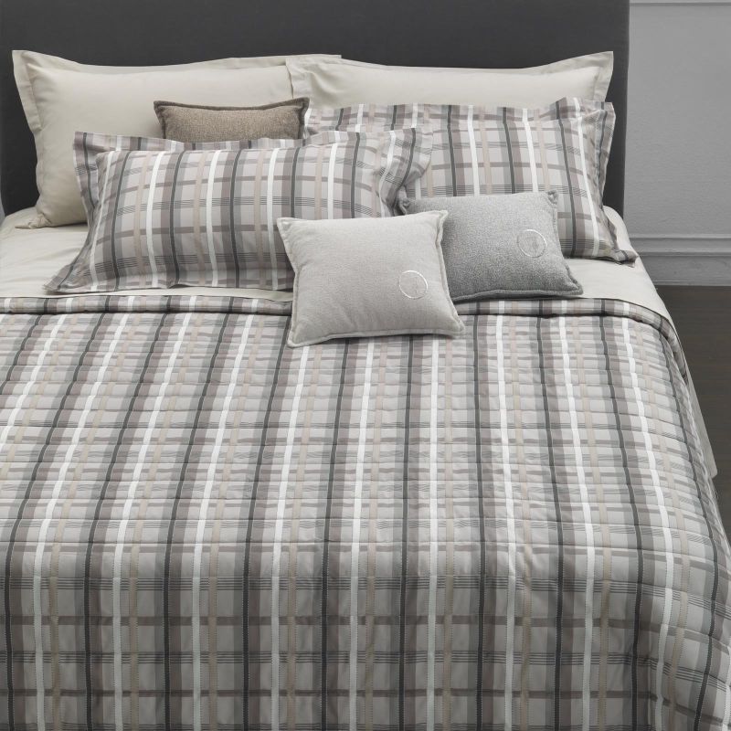 Completo lenzuola matrimoniale Trussardi Light Tartan sabbia in raso di cotone con federe e confezione originale