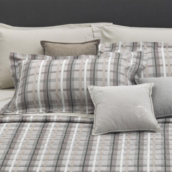 Completo lenzuola matrimoniale Trussardi Light Tartan sabbia in raso di cotone con federe e confezione originale