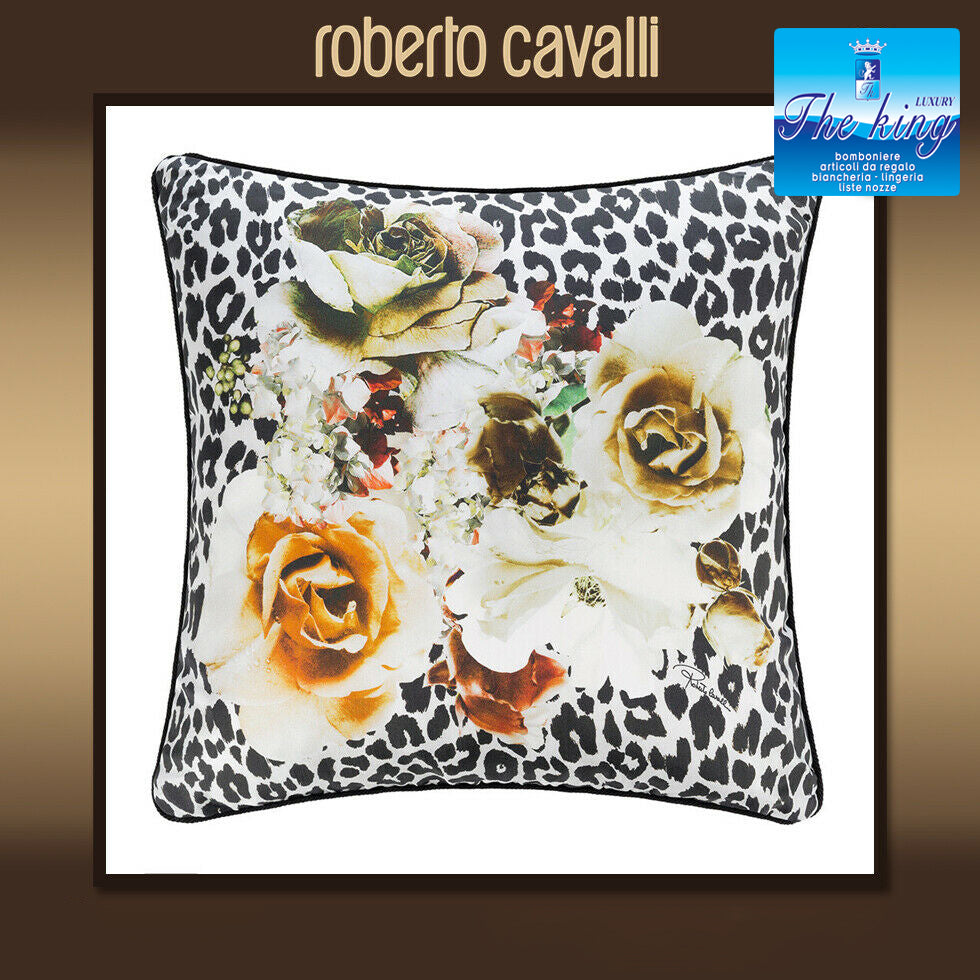 Cuscino arredo 40x40 cm Roberto Cavalli Bouquet Leopard Gold in raso di cotone, con imbottitura anallergica e confezione con logo. Made in Italy