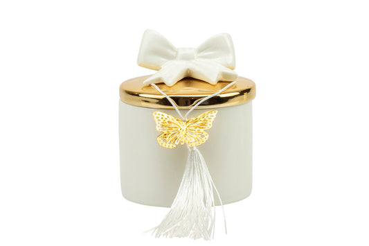 Scatola porcellana bianca piccola con coperchio oro e fiocco bianco con candela profumata Matrimonio