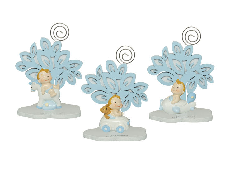 Bomboniera in resina Albero Celeste con Bimbo 3D e automezzi assortiti, con clip porta memo e confezione elegante