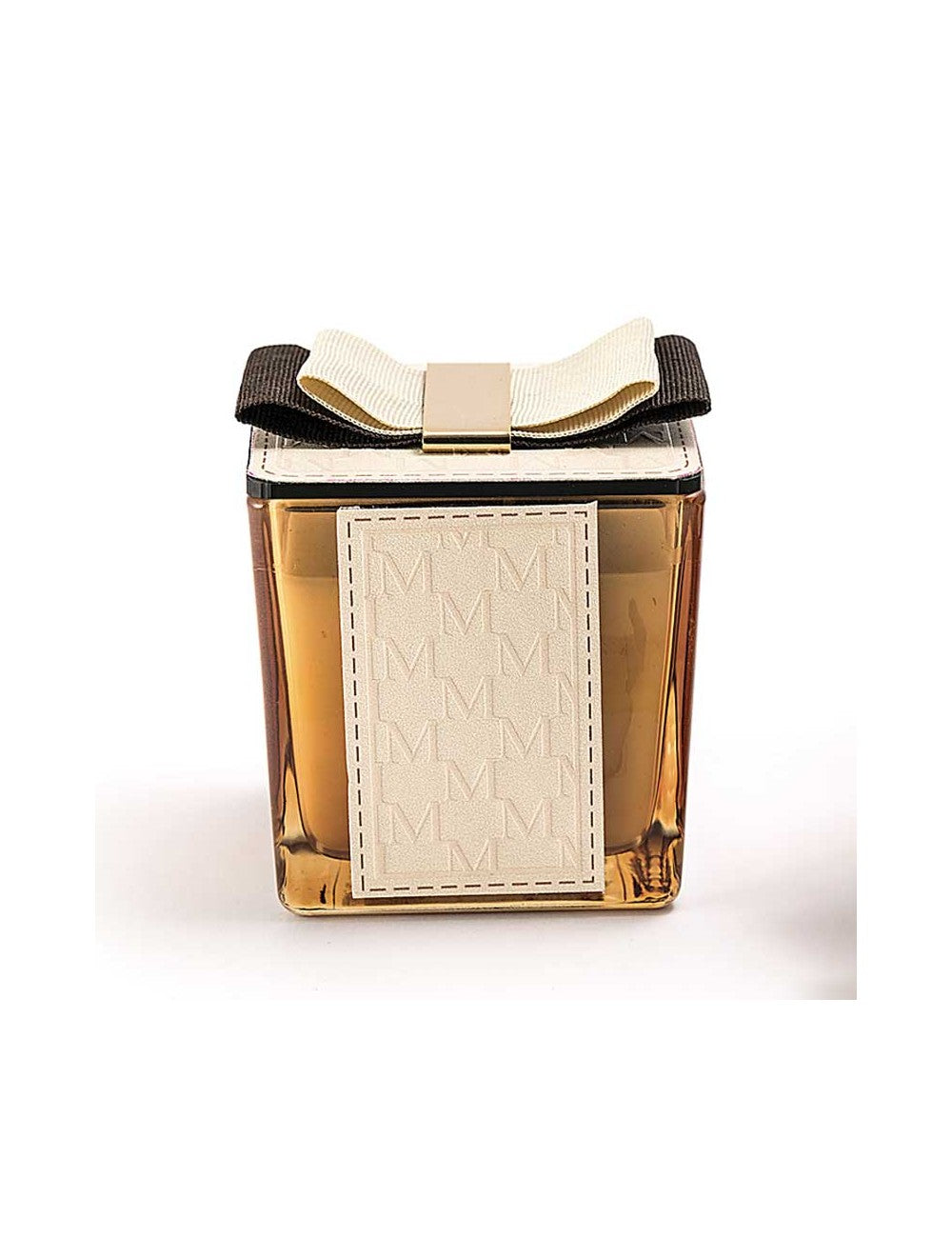 Candela profumata quadrata Madrhelen Essence in vetro 8x8 cm, decorata con fascia e tappo in pelle e fiocco bicolore, Made in Italy.
