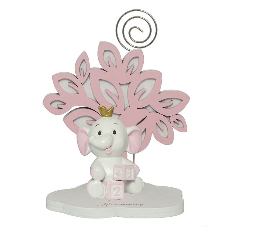 Bomboniera Albero Rosa in resina con Elefante 3D e bimba con corona, con clip porta memo e confezione regalo