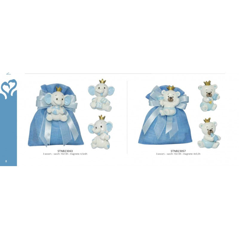 Magnete bomboniera elefante celeste con corona oro in resina, 3 modelli assortiti, con sacchetto 10x13 cm. Nascita bimbo