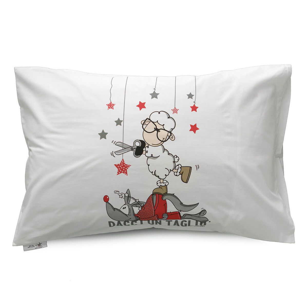 Federa Happy People Shut Up and Kiss Me con stampa pecorella e lupo, 100% cotone, 50x80 cm, confezione busta regalo