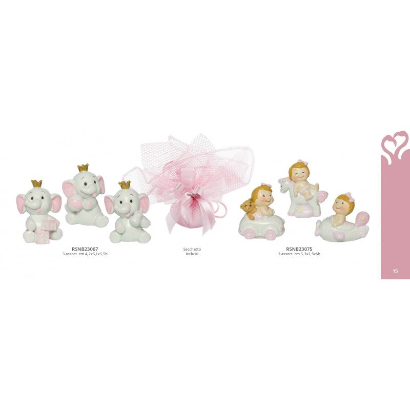 Elefantino 3D bomboniera in resina rosa con corona, 3 modelli assortiti, con scatola e sacchetto, perfetto per nascita o battesimo bimba