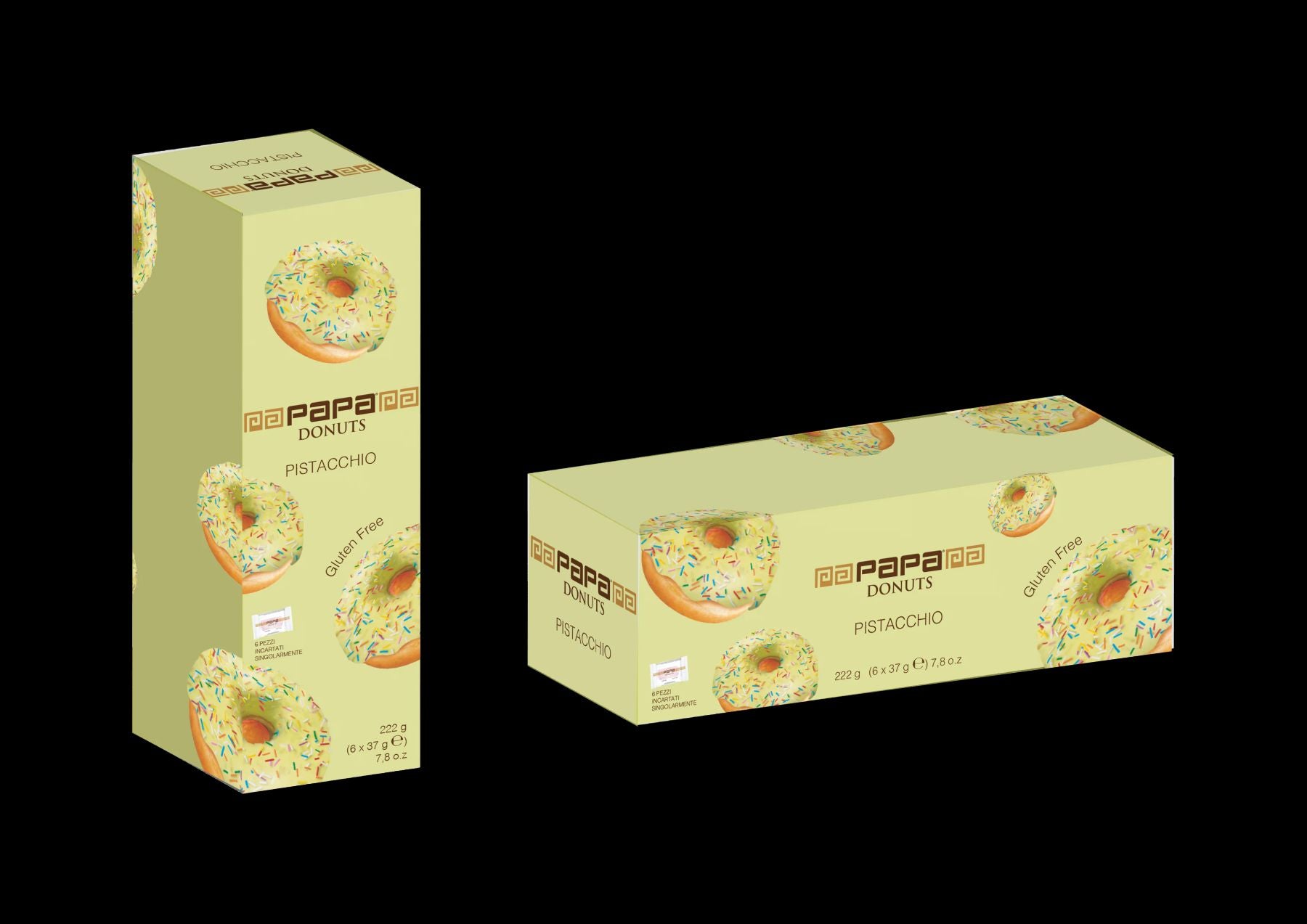 Confezione Donuts Papa Donuts al pistacchio, 6 pezzi da 220g, senza glutine e non fritti, confezionati singolarmente. Made in Italy