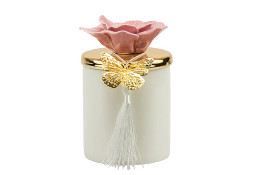 Scatola porcellana bianca media con coperchio oro e fiore fucsia con candela profumata Matrimonio