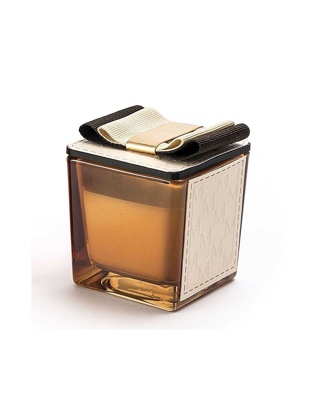 Candela profumata quadrata Madrhelen Essence in vetro 8x8 cm, decorata con fascia e tappo in pelle e fiocco bicolore, Made in Italy.