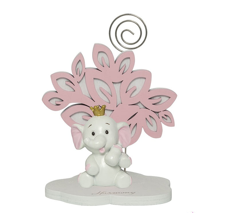 Bomboniera Albero Rosa in resina con Elefante 3D e bimba con corona, con clip porta memo e confezione regalo