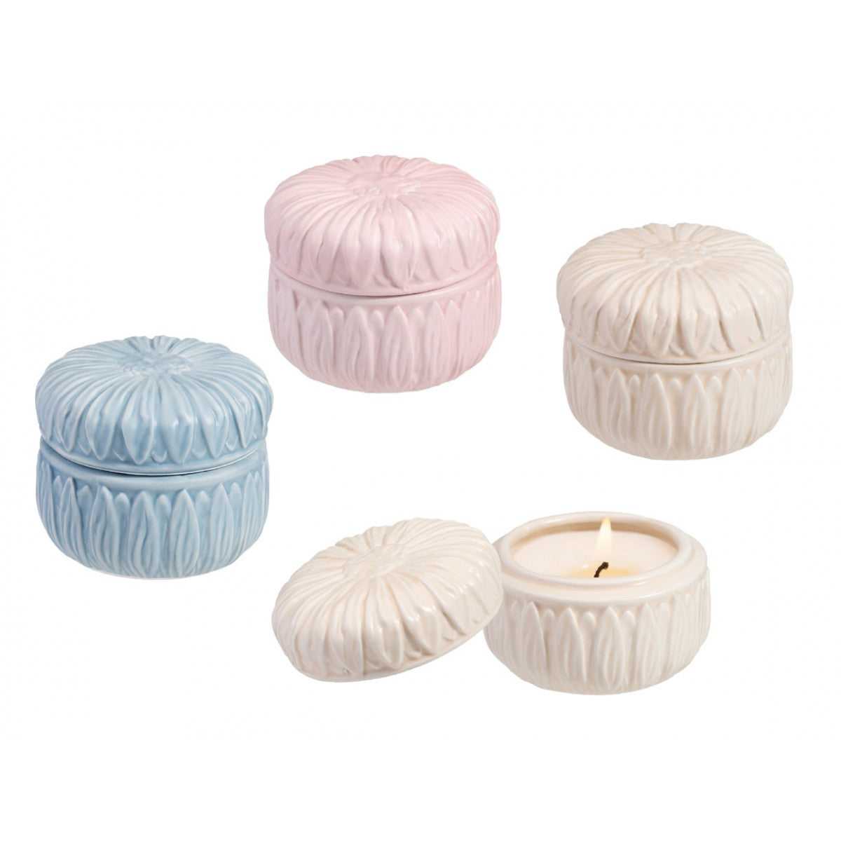 Candela in porcellana Schonherr Sunflower da 150gr, disponibile in sei colori colormat, decorativa con scatola regalo inclusa.