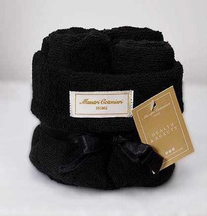 Set lavette Maestri Cotonieri 30x30 in spugna con cestino decorativo, accessorio bagno raffinato.