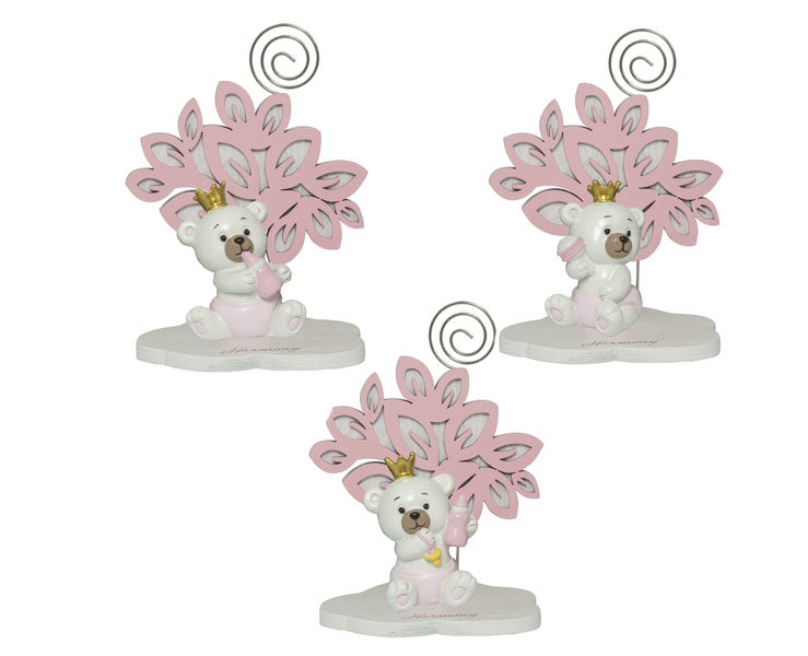 Bomboniera in resina Albero Rosa con Orsetto 3D e bimba con corona, clip porta memo e confezione regalo inclusa