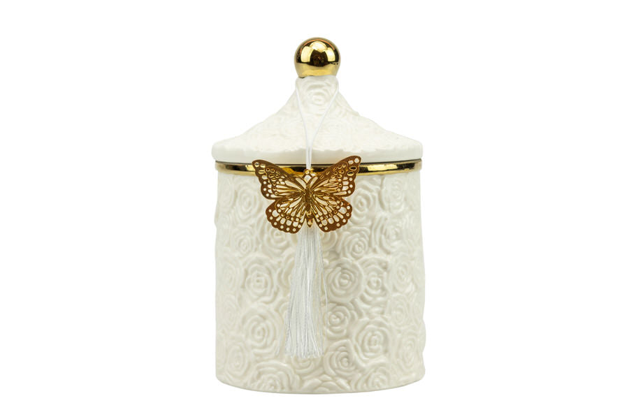 Scatola porcellana bianca grande con decalco rose con candela profumata Matrimonio