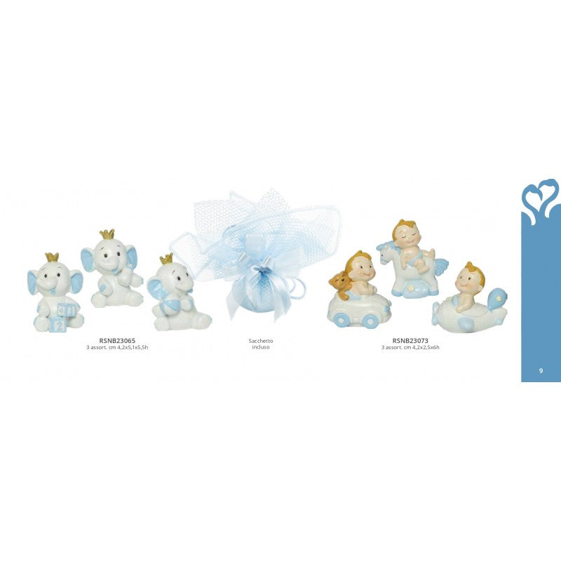 Elefantino 3D in resina azzurra con corona dorata, bomboniera per nascita bimbo, con sacchetto, 3 modelli assortiti