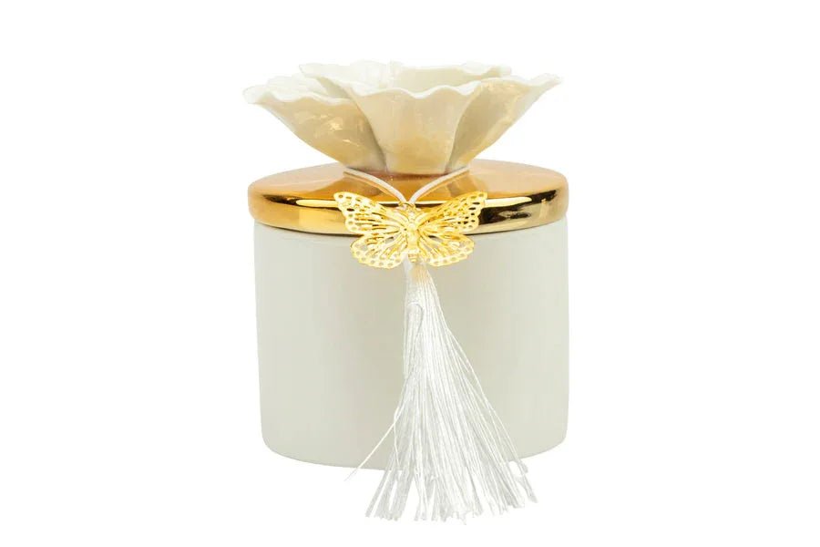 Scatola porcellana bianca piccola con coperchio oro e fiore bianco con candela profumata Matrimonio - The King Luxury