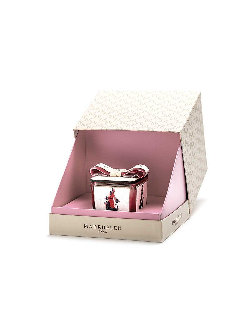 Candela profumata quadrata Madrhelen linea Shopping in vetro 8x8 cm, con fascia in pelle decorata e tappo con fiocco bicolore, Made in Italy.