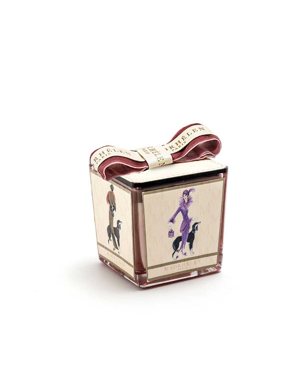 Candela profumata quadrata Madrhelen linea Shopping in vetro 8x8 cm, con fascia in pelle decorata e tappo con fiocco bicolore, Made in Italy.