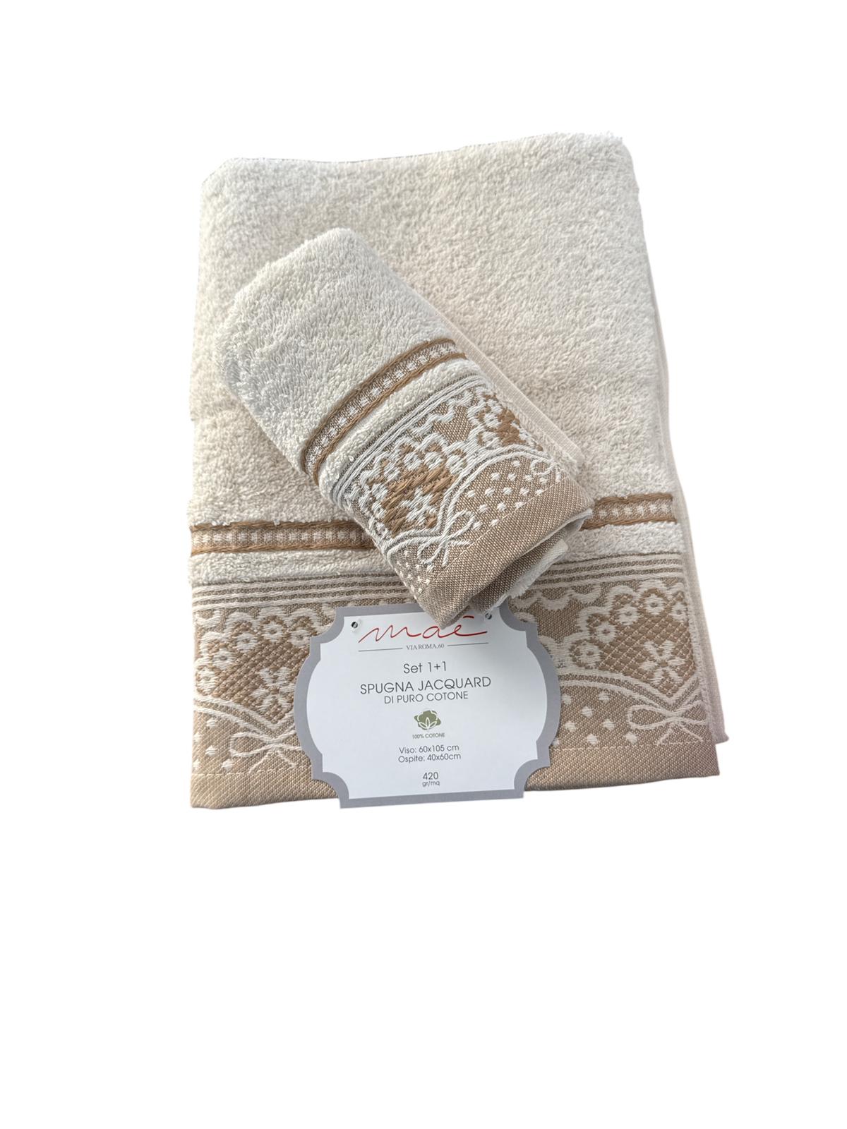 Set Asciugamani 1+1 Romantica Via Roma 60 – Spugna di Cotone Jacquard 420 gr/m²