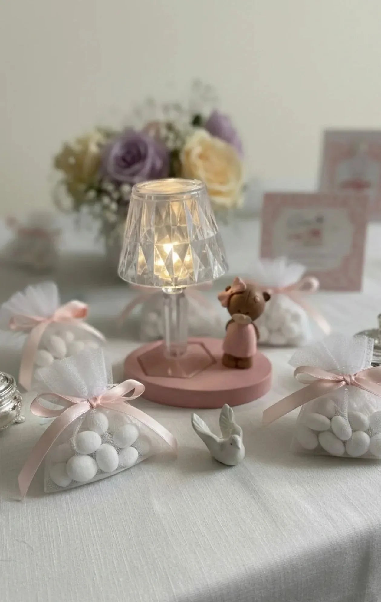 3 Pezzi Bomboniera Nascita Bimba Lumetto LED Orsetto Girl - The King Luxury