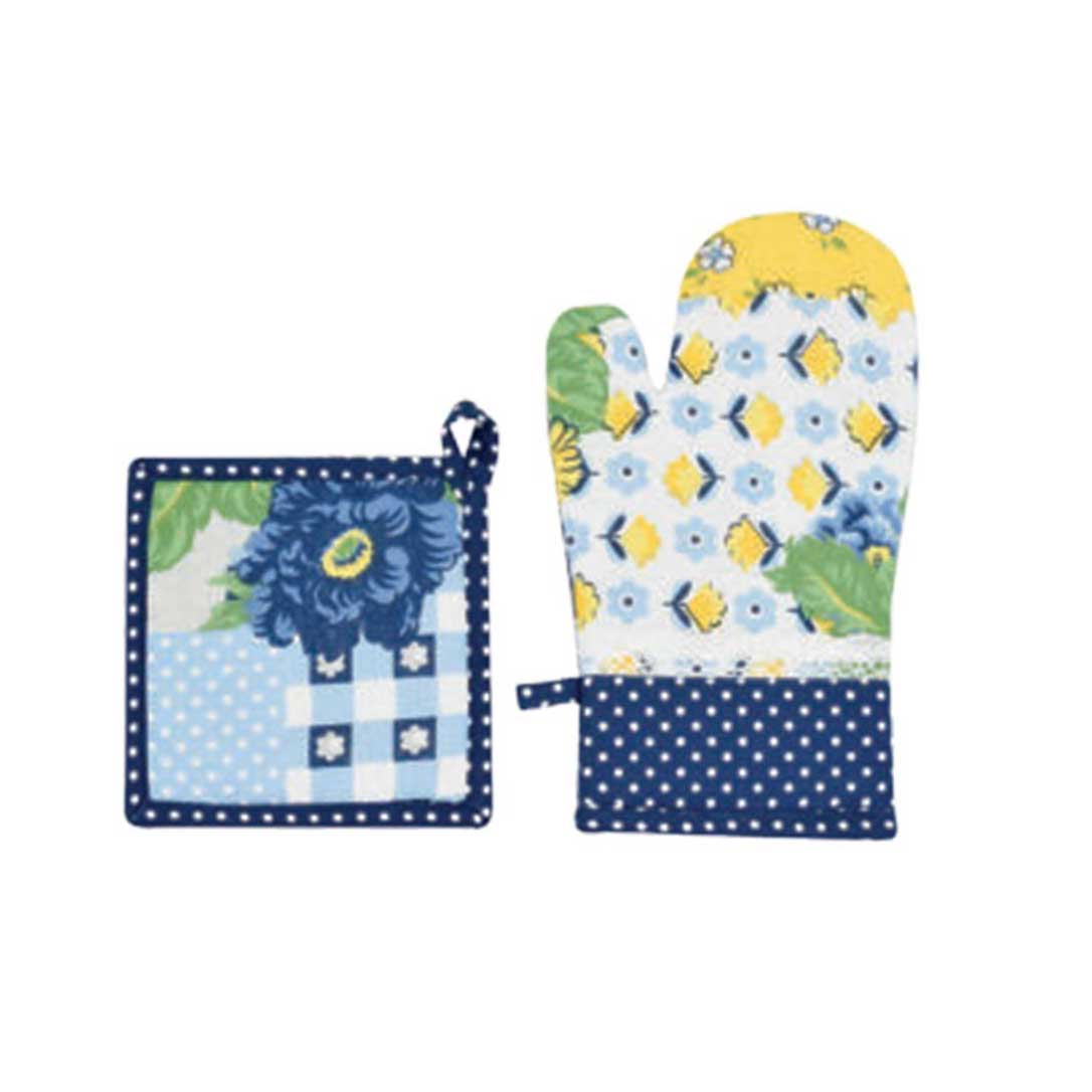 Set cucina Peonia Preziosa con guanto 18x30 cm e presina 18x18 cm, tessuto Panama 100% cotone, elegante, floreale e Made in Italy.