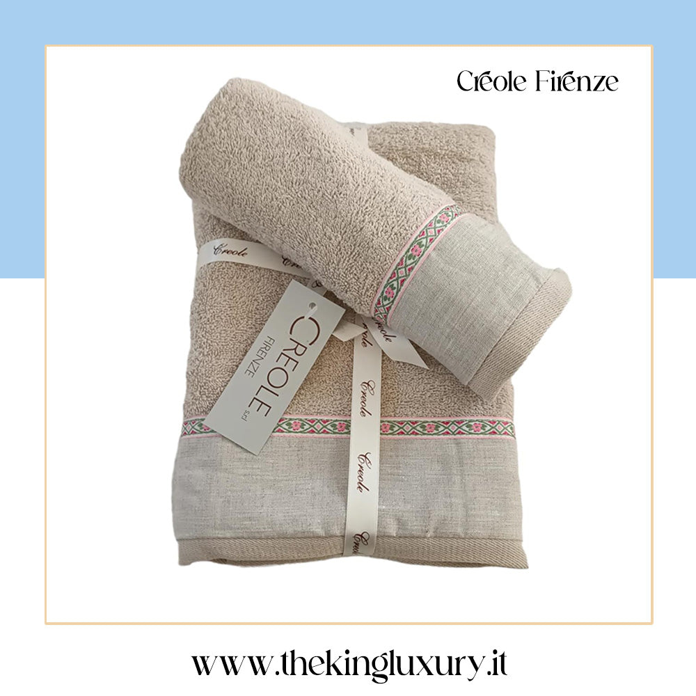Set Asciugamani Creole Firenze Balza lino con pizzo  Spugna di Cotone