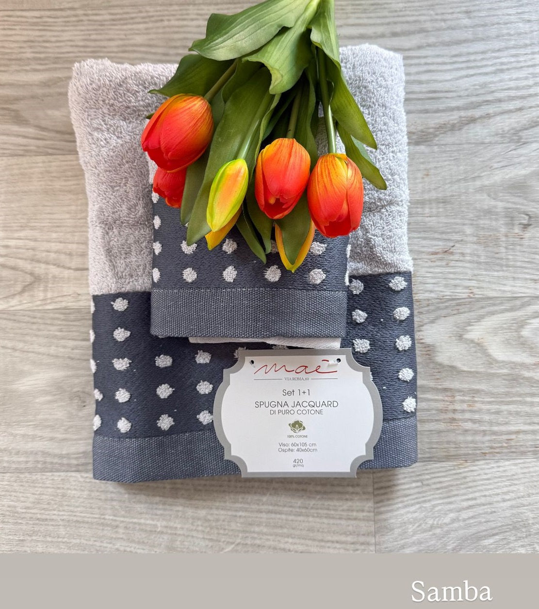 Set Asciugamani 1+1 Via Roma 60 Samba Pois – Spugna di Cotone Jacquard 420 gr/m²