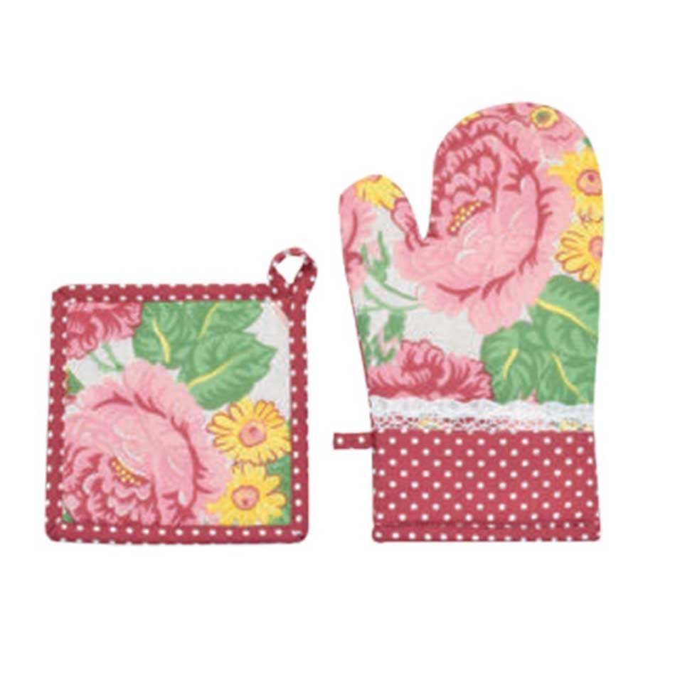 Set cucina Peonia Preziosa con guanto 18x30 cm e presina 18x18 cm, tessuto Panama 100% cotone, elegante, floreale e Made in Italy.