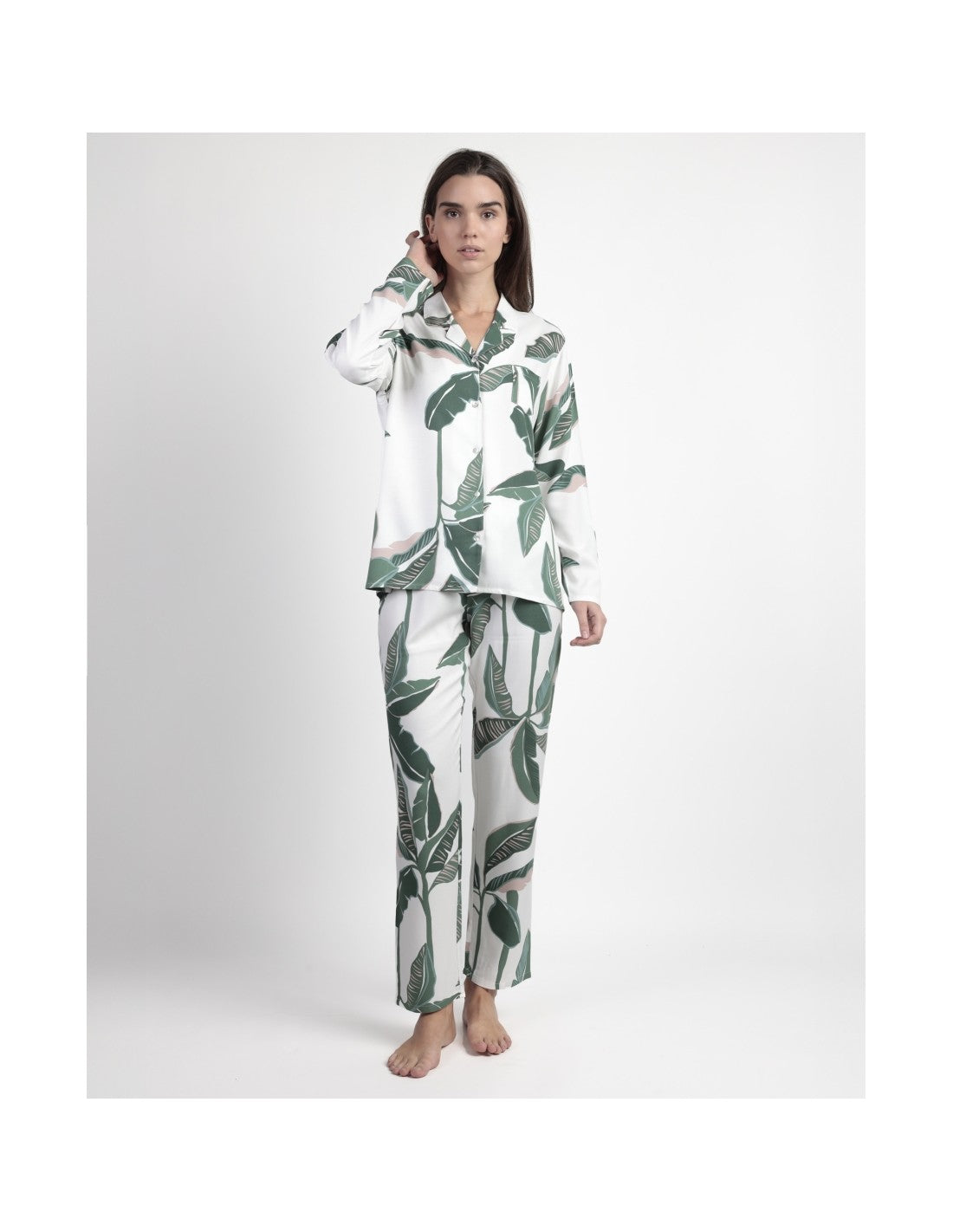 Pigiama Donna Admas Luxury 63611 – Autunno/Inverno – Viscosa, Modello Aperto con Stampa Foglie