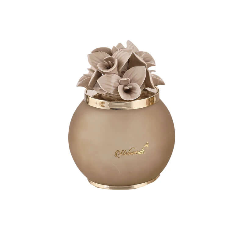 Lampada Melaverde Orchidea satinata tortora, sfera in porcellana 16 cm decorata a mano, bomboniera con scatola regalo. Elegante, Made in Italy.