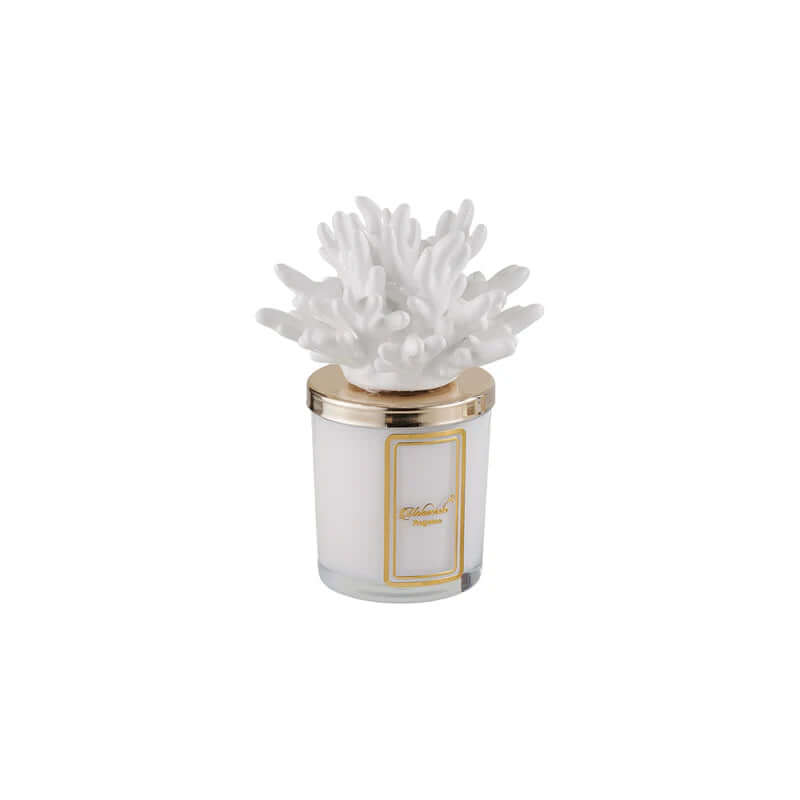Candela artigianale in ceramica bianca Melaverde da 200gr con design corallo, rifinita a mano, completa di scatola regalo elegante.