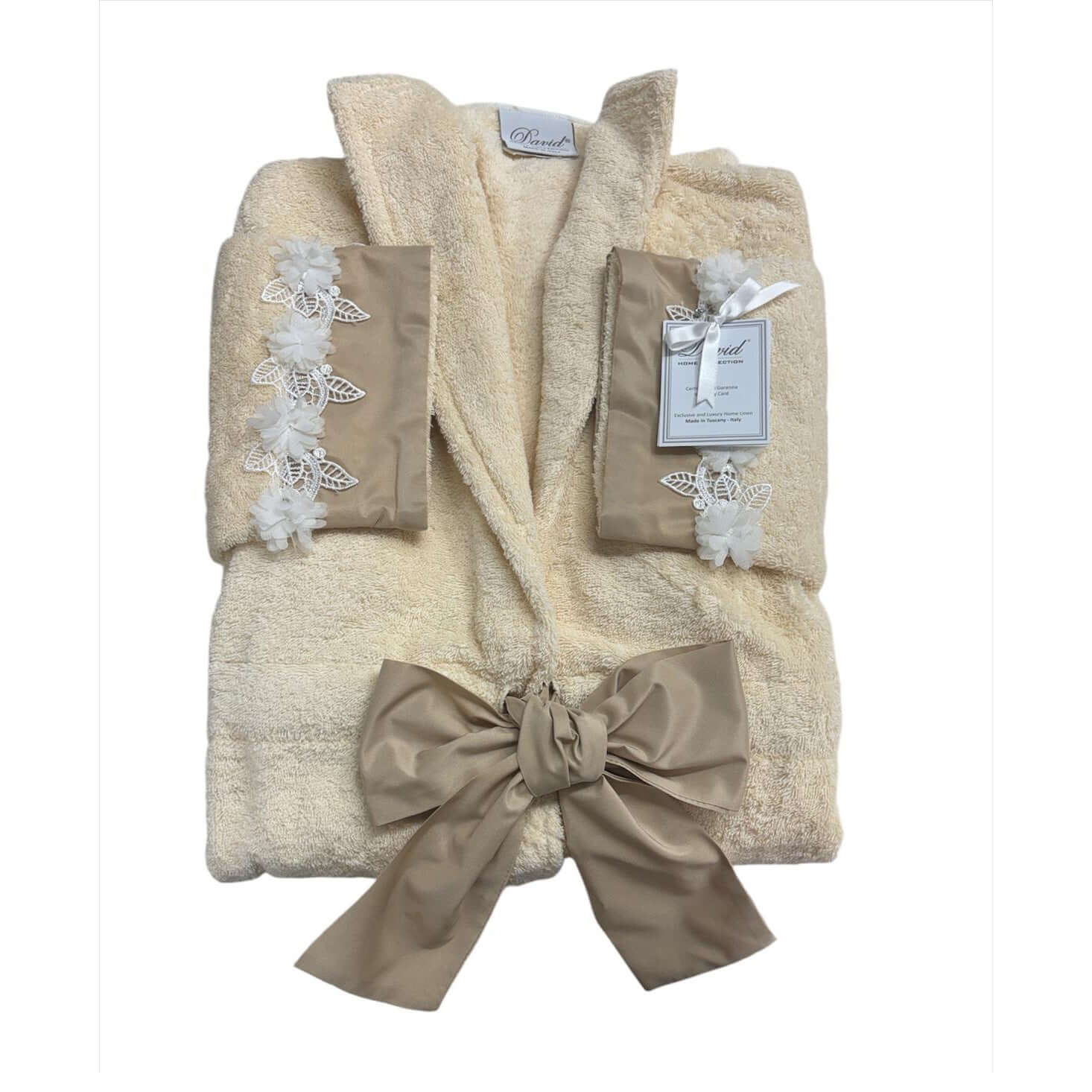 Accappatoio David Marte con Pizzo e Fiocco Taffetà Sabbia - The King Luxury